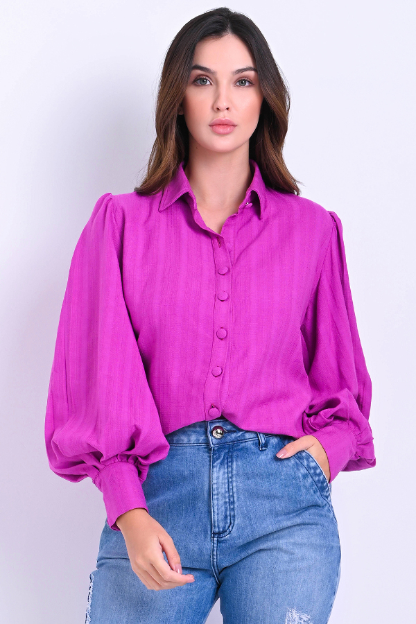 Camisa Cuello Subido Volantes Manga Globo - Tbdress.com