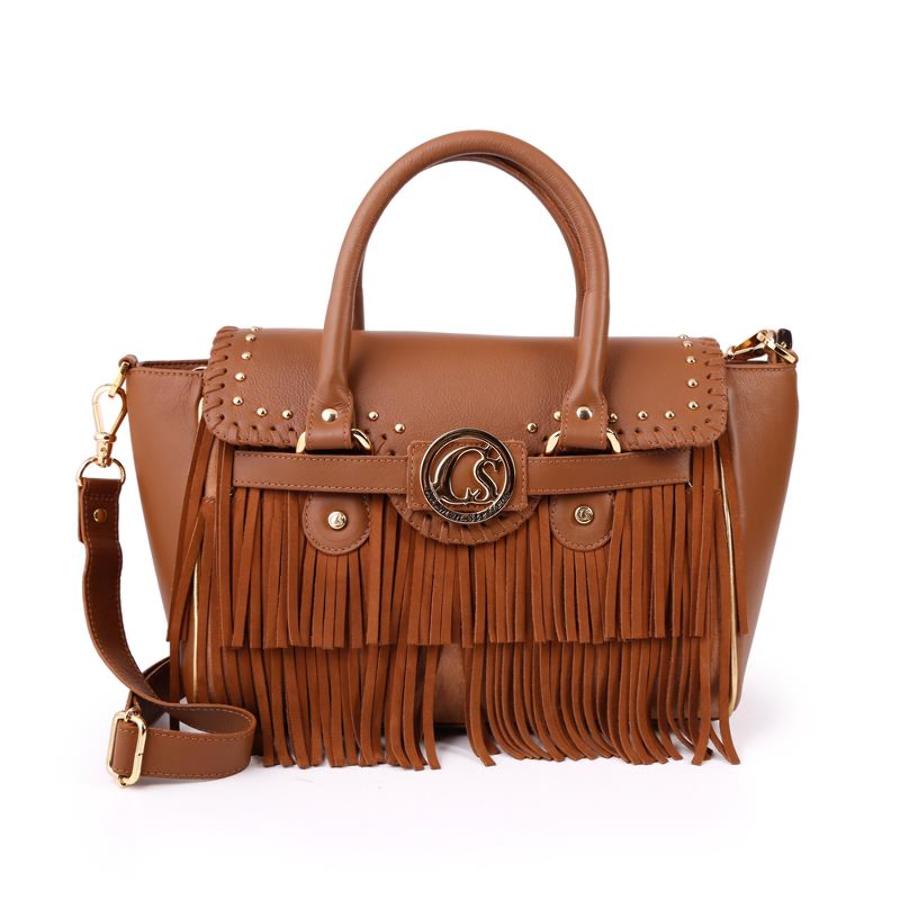 CARTERA CAFÉ DE CUERO CON FLECOS | Carmen Steffens Chile