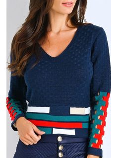 V Neck Knit Blouse with Geometric Details