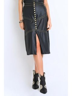 Faux Leather Skirt with Golden Bottons front